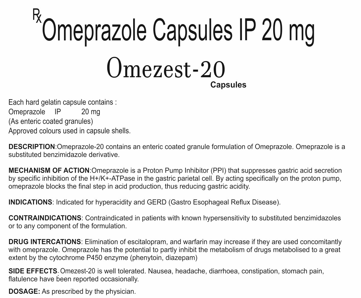 EACH HARD GELATIN CAPSULE CONTAINS:- OMEPRAZOLE IP 20 MG (AS ENTERIC COATED GRANULES) APPROVED COLOURS USED IN CAPSULE SHELLS.